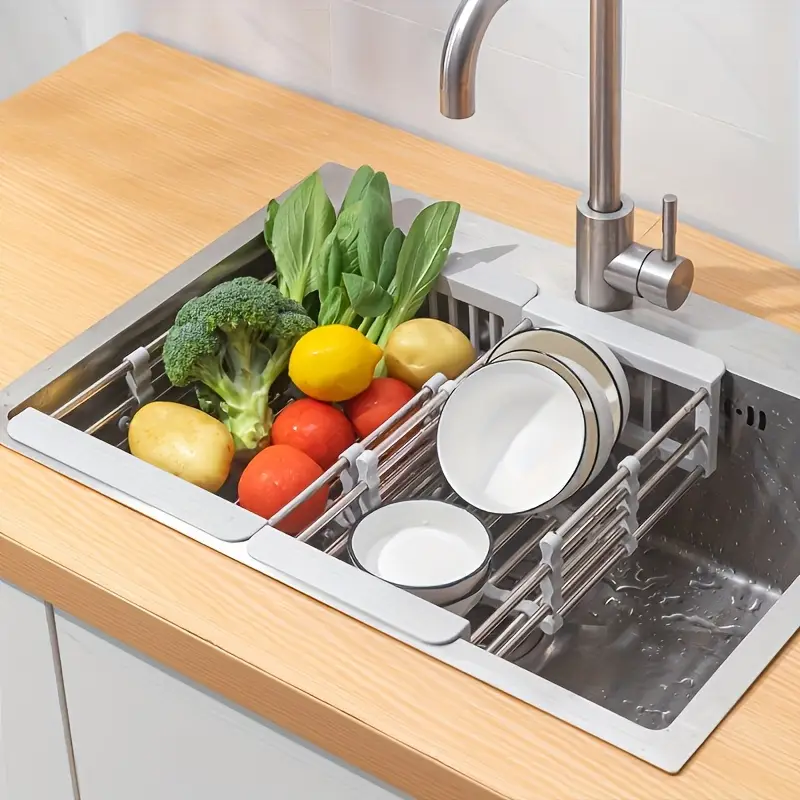 adjustable stainless steel sink organizer with drain basket foldable multi layer kitchen storage rack for utensils cups and vegetables washing and drying rack for dishes utensil holder sleek durable construction kitchen sink accessories Product details 4