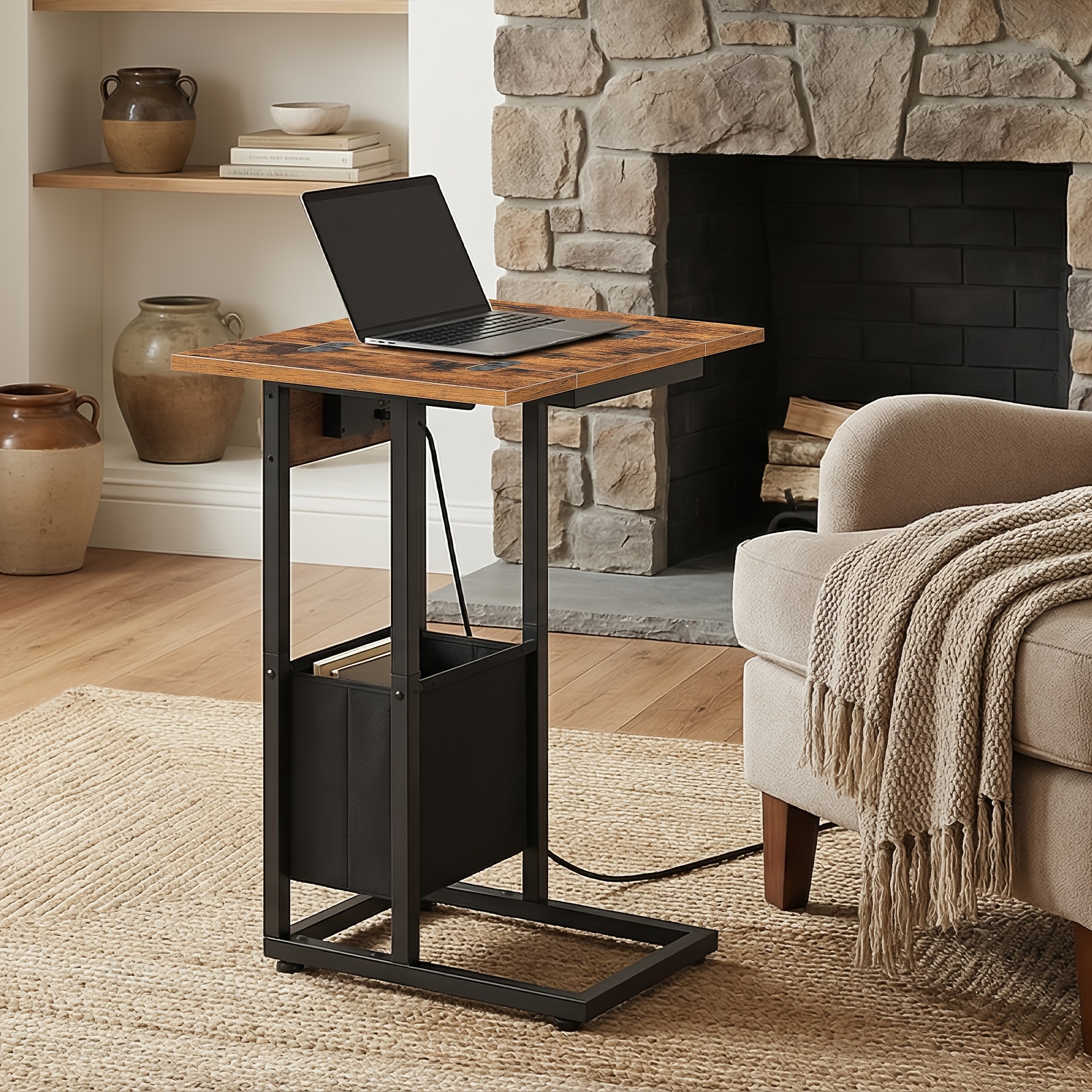 Rustic Brown Foldable C-Shaped Side Table with Charging Station