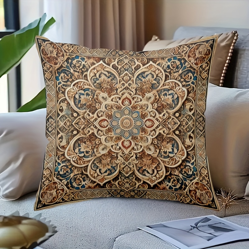 TEMU 1 housse de coussin imprimée double face avec de tapis persan, convient à toutes , en polyester, avec fermeture éclair pour lavage en machine,