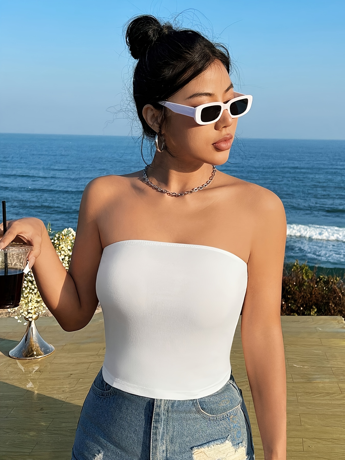 Women's Summer Casual Strapless Solid Color Crop Top