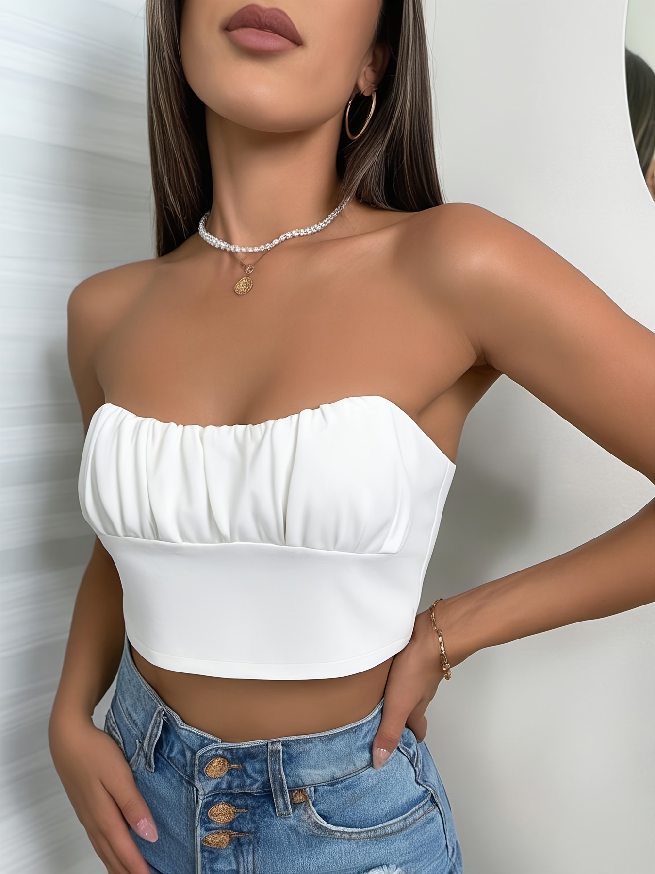 Solid Ruched Crop Tube Top Y2k Strapless Top Summer Women's - Temu