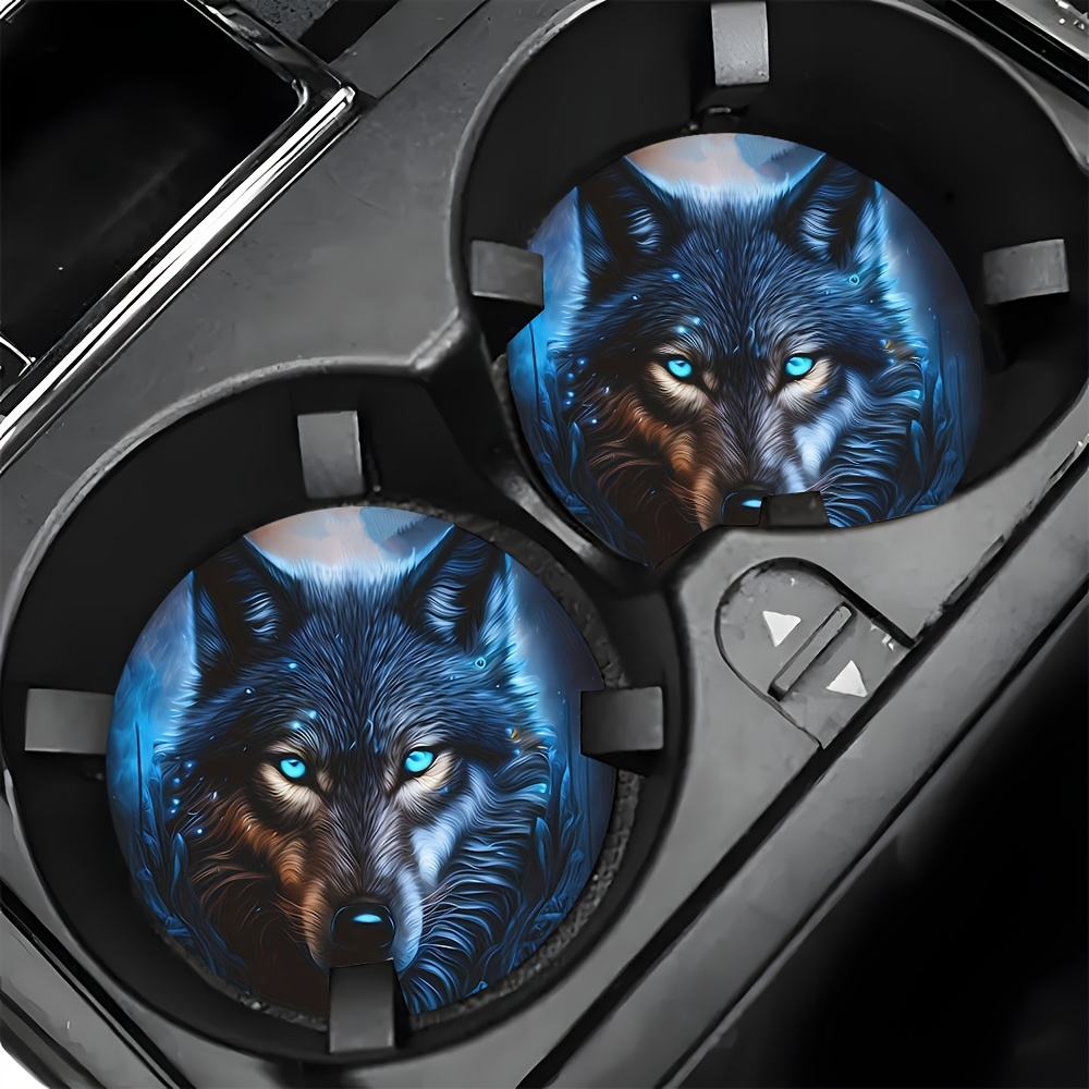 2pcs of Blue Flame Wolf King Patterned Absorbent Car Cup Holders And Coasters