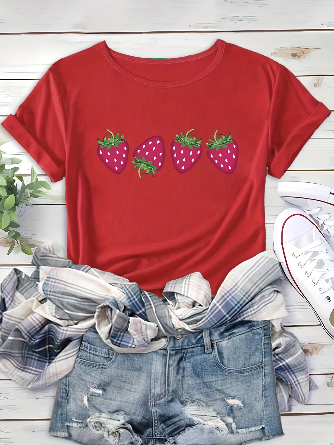 strawberry print crew neck t shirt fashion comfortable short