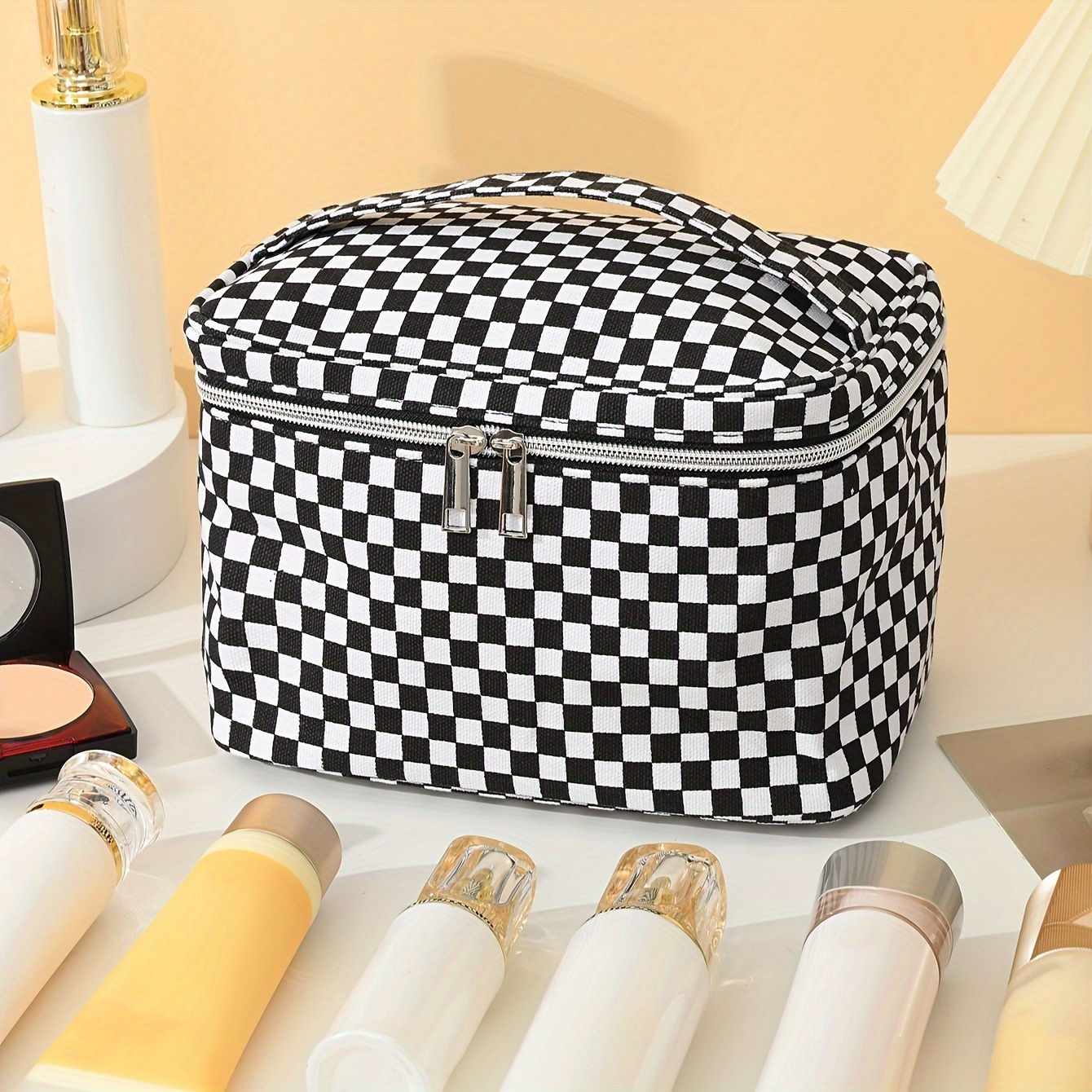 

Makeup Bag, Large Capacity Canvas Checked Pattern Cosmetic Bag For Toiletries Storage Portable Handbag