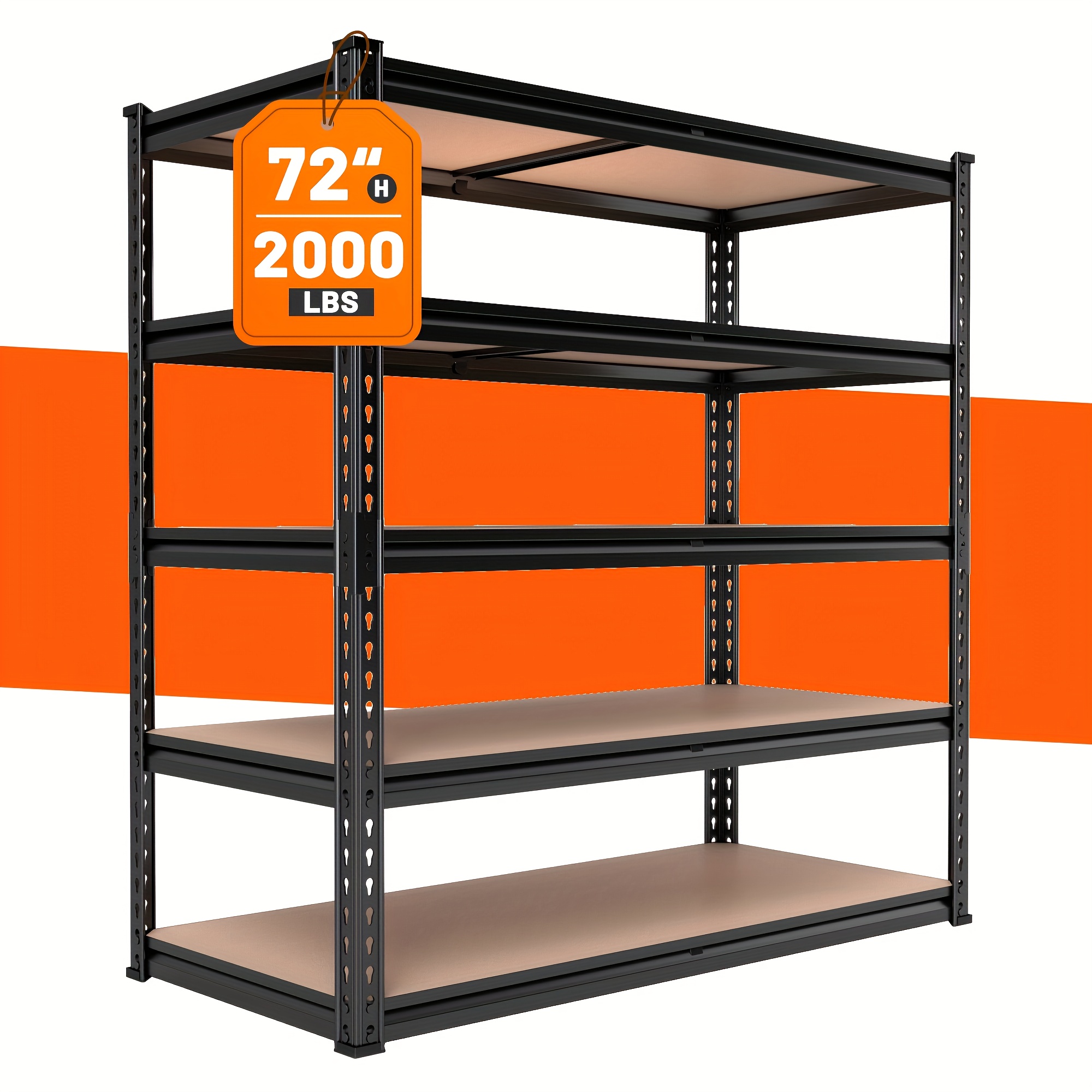 heavy duty storage shelves with a capacity of 2000   featuring five tiers and dimensions of 72 inches in height 35 55 inches in width and 16 inches   ideal for garages basements   and pantries utility shelves