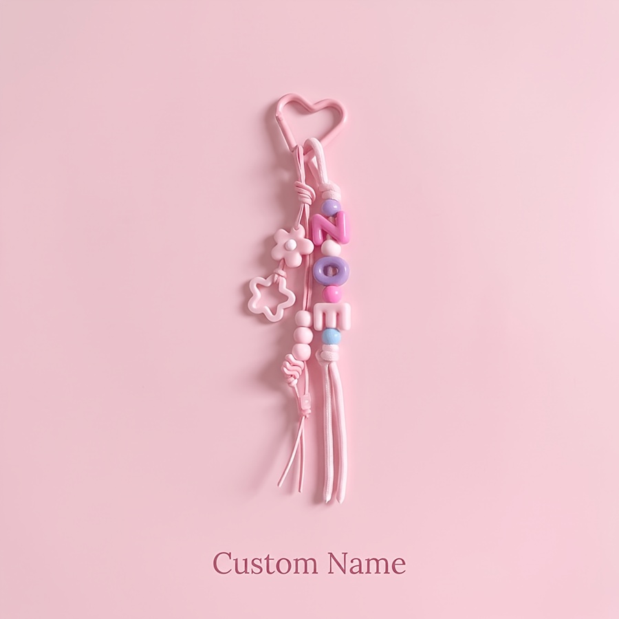 TEMU Custom Name Letter Keychain, Colorful Beaded Design With Flower And Star Charms, Heart-shaped Clasp, Bag Decoration Accessory