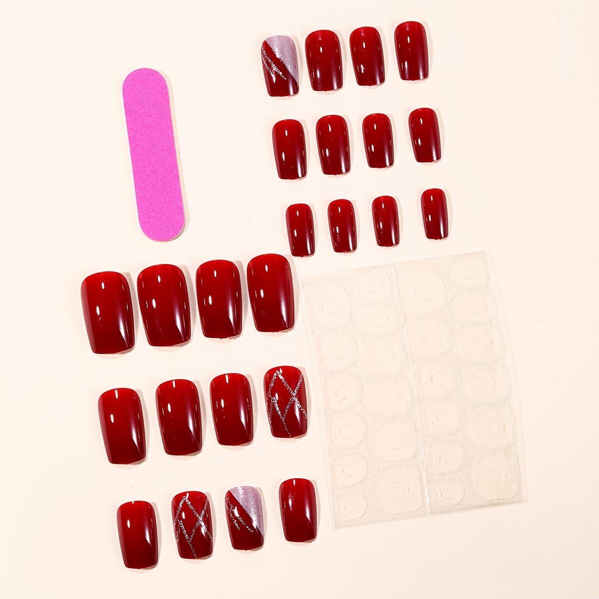 TEMU 24pcs Wearable Fake Nails Short Square Cherry Red With Golden Design Removable Fake Nail Patches Press-on Fake Nails, Women'-on Nails, Reusable
