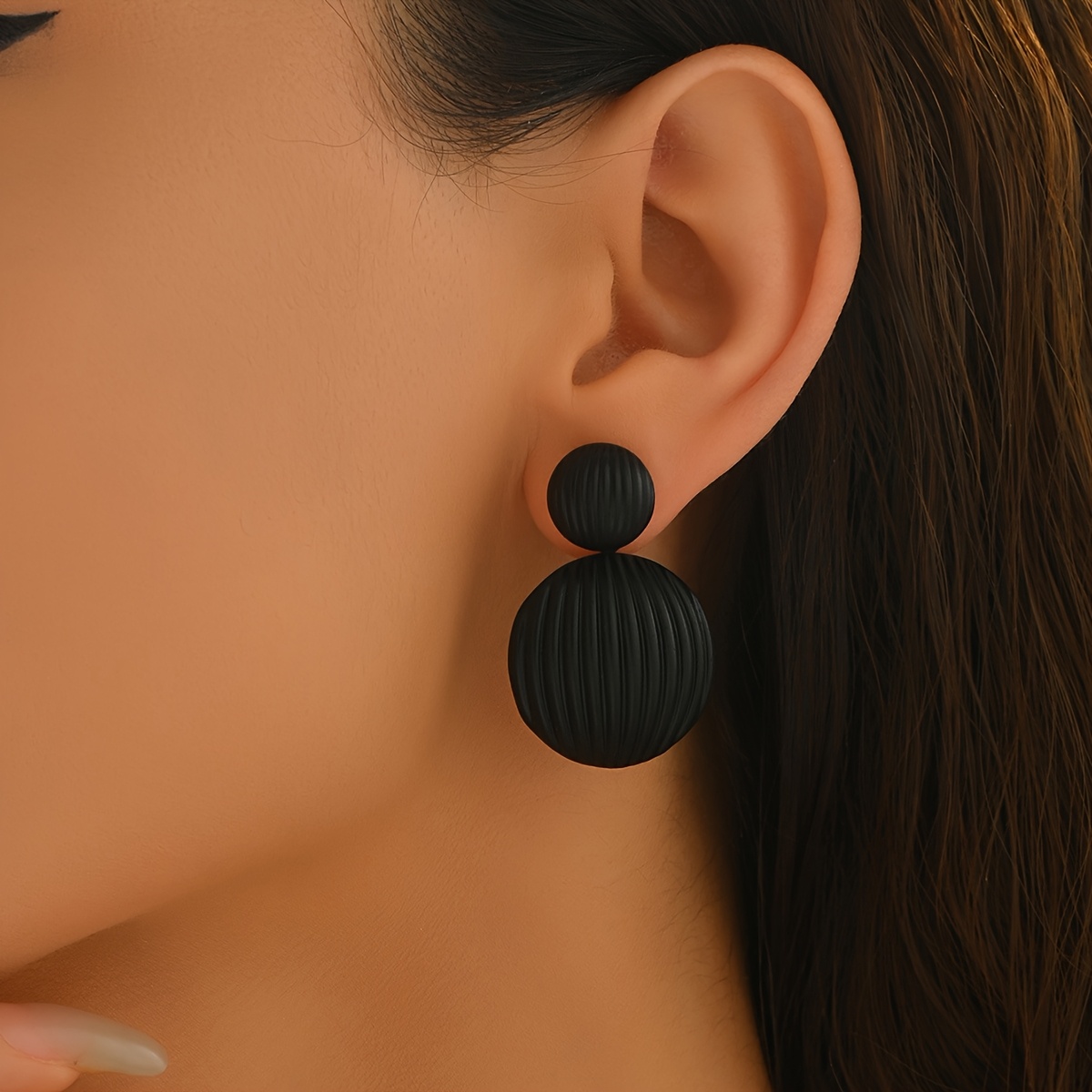 Stylish Matte Black Geometric Lantern Drop Earrings