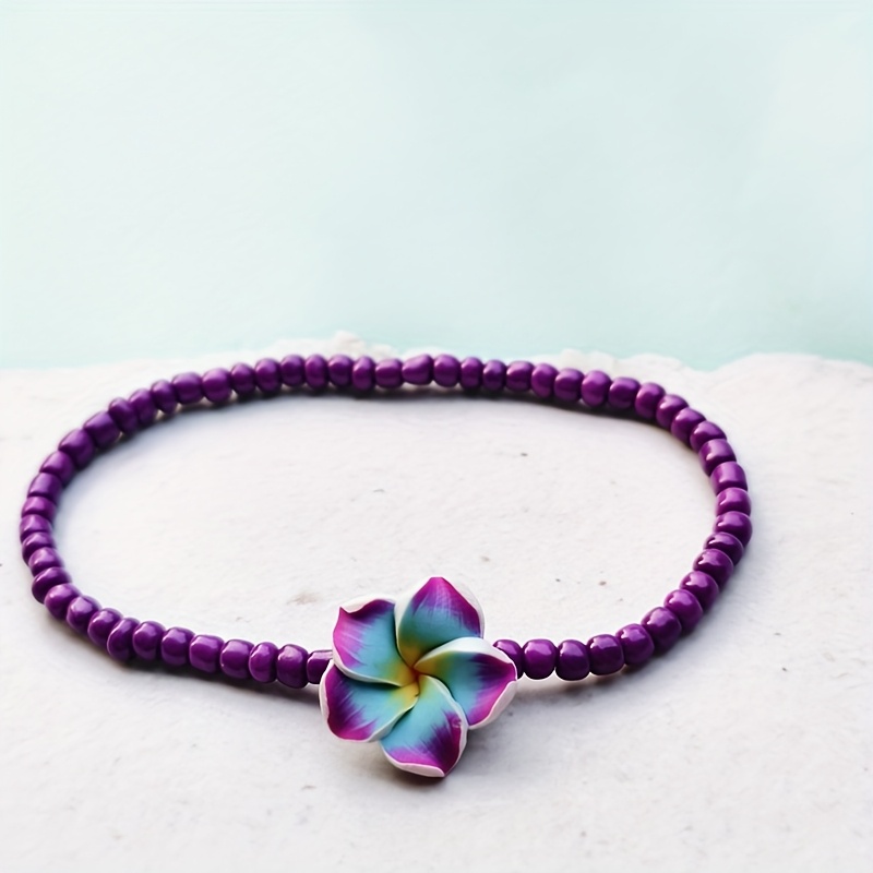TEMU 1pc Summer Floral Polymer Clay Plumeria Beaded Anklet, Bohemian Beach Beautiful Foot Jewelry, For Teenager