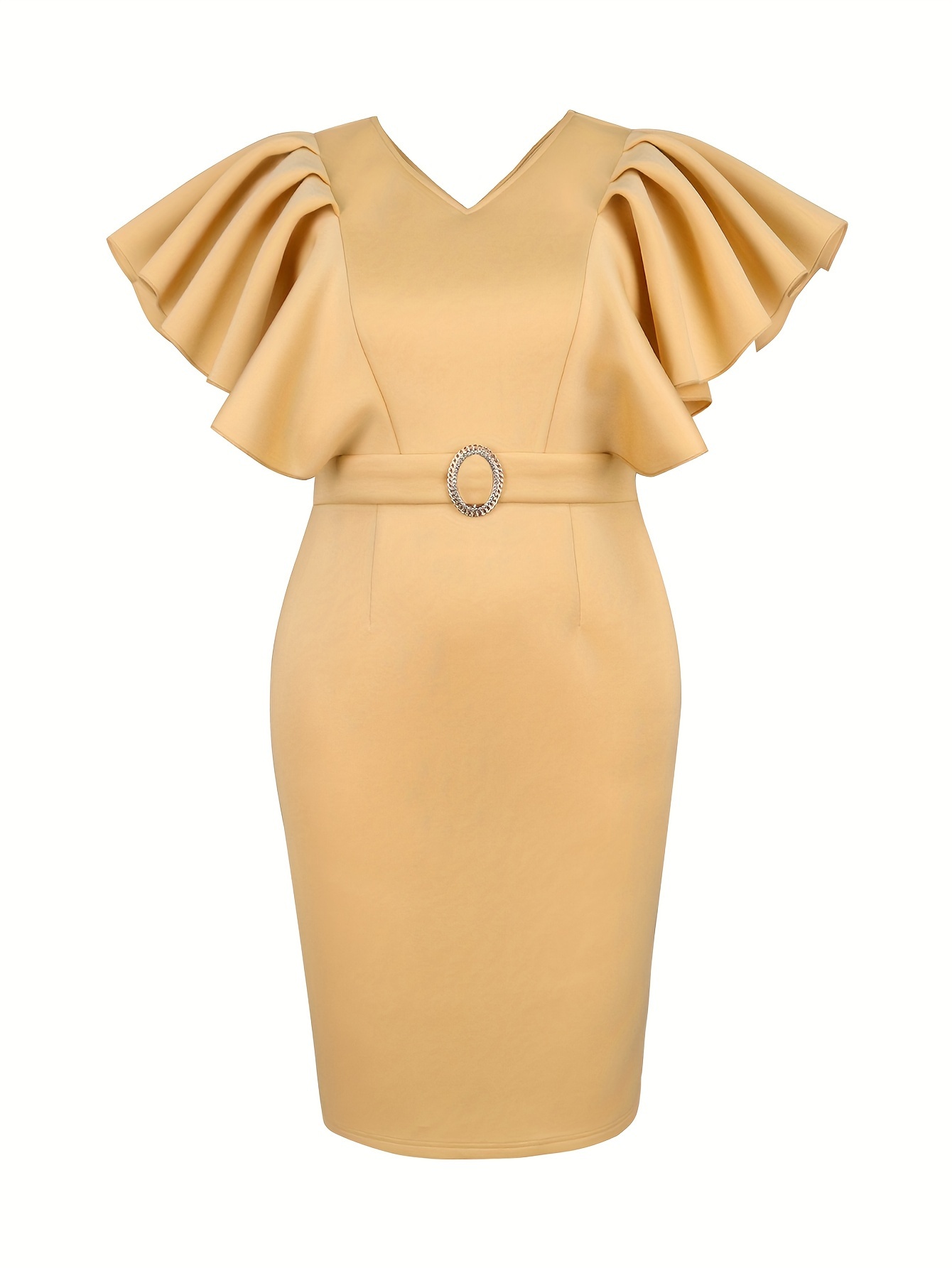 plus size solid flutter sleeve bodycon dress elegant belted - Temu