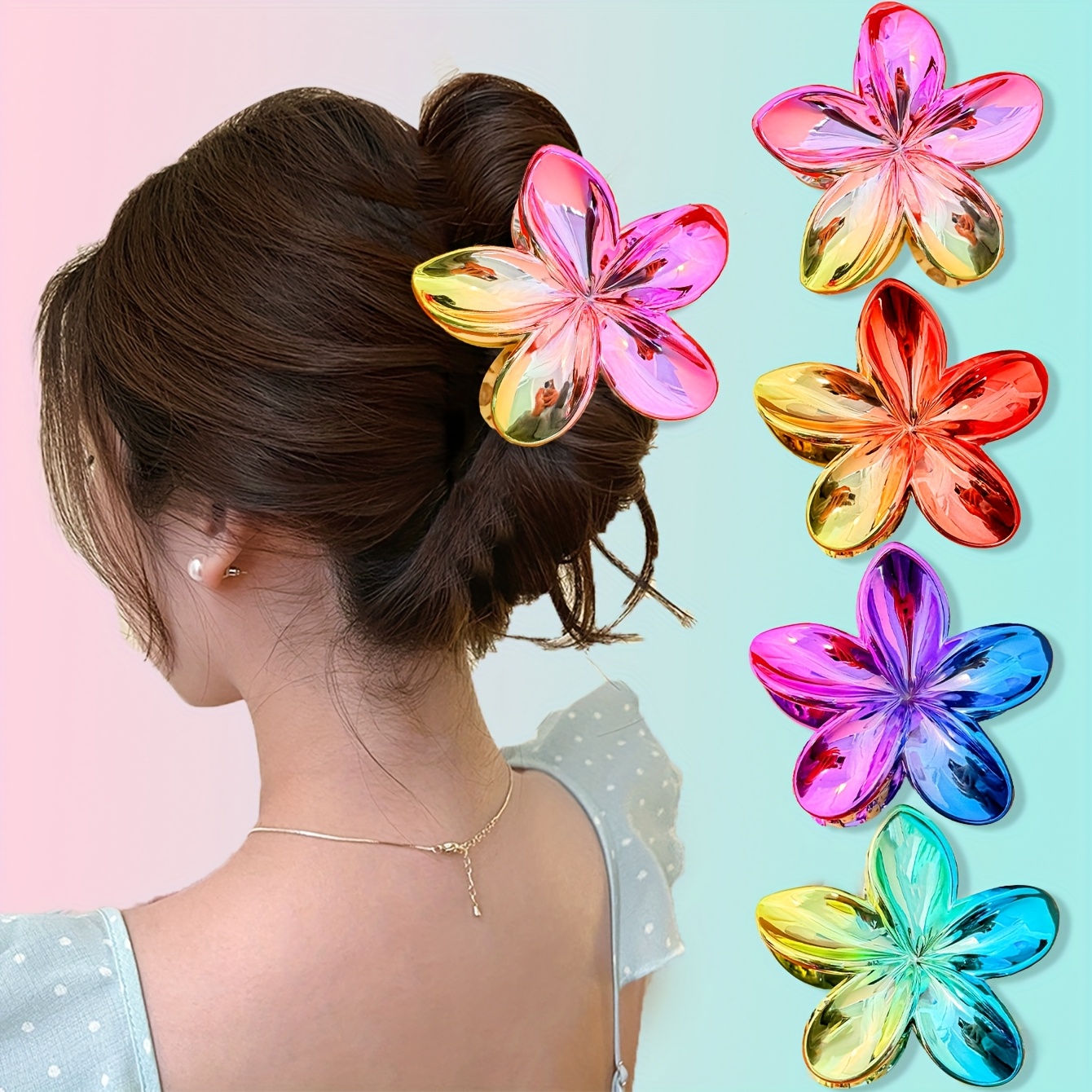 4pcs Five-petal Flower Laser Plastic Headwear, Bright Wisteria Color Contrast Hair Claw Clip, Summer Beach Hawaiian Hair Claw Clip