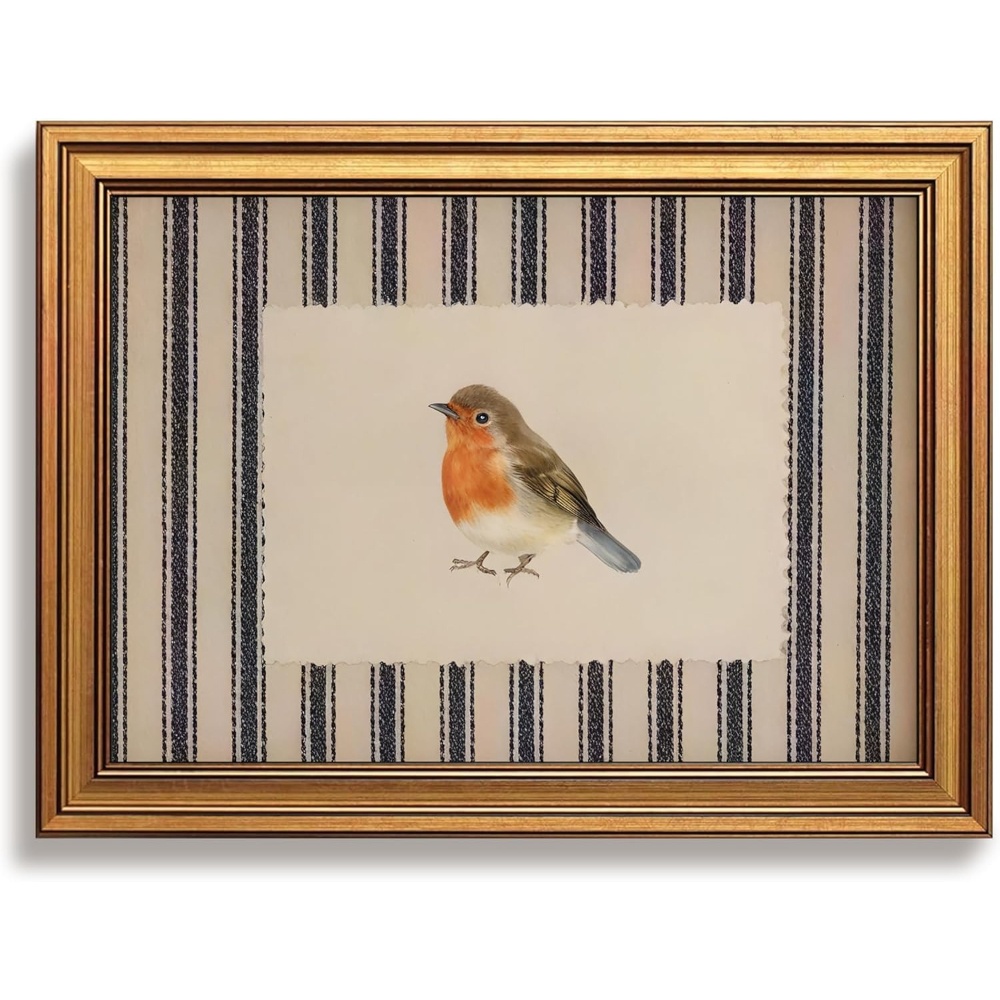TEMU 2d Flat, 2d Flat, 2d/flat, 1pc, Framed, Vintage Golden Framed, Watercolor Robin Bird, Wall Decor, Gift, For Kitchen And Living Room, Elegant