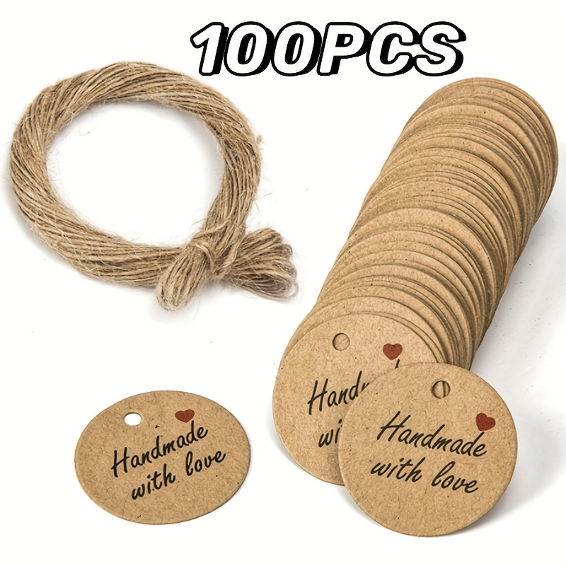 

100pcs, Handmade Gift Tags, Brown Handmade With Love Tags With String, Round Kraft Paper Hanging Tags, Personalized Handmade Tags For Diy Crafts, Stickers Perforated Roll Labels