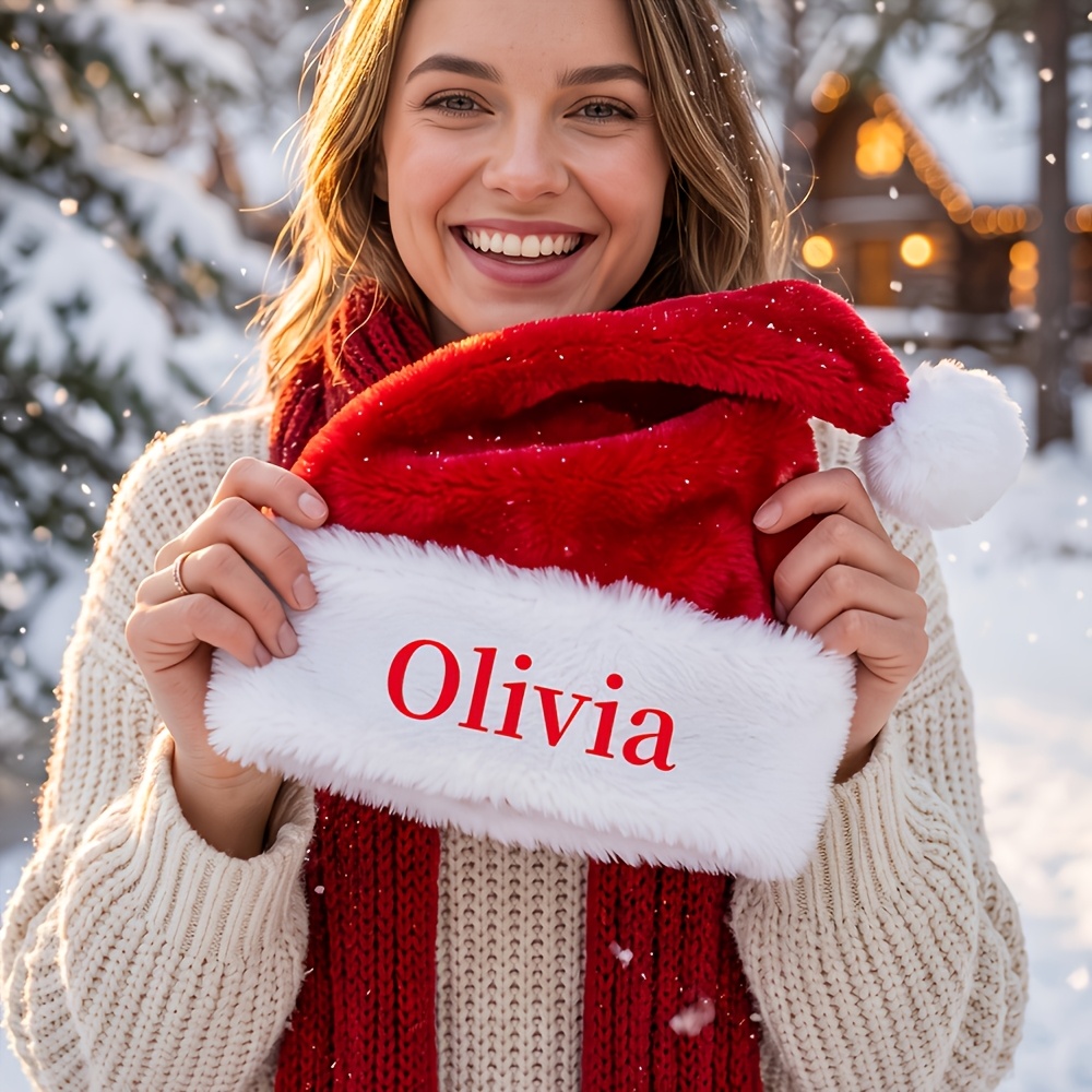 TEMU Personalized Printed Name Christmas Hat, Custom Text Plush Christmas Hat, Soft Fluffy Christmas Hat, Suitable As Holiday Party Gift For