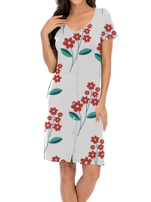 womens casual short sleeve cardigan dress soft breathable length dress with elastic waist v neck front button closure floral print red flowers green leaves on light washable relaxed fit attire leaf able wear
