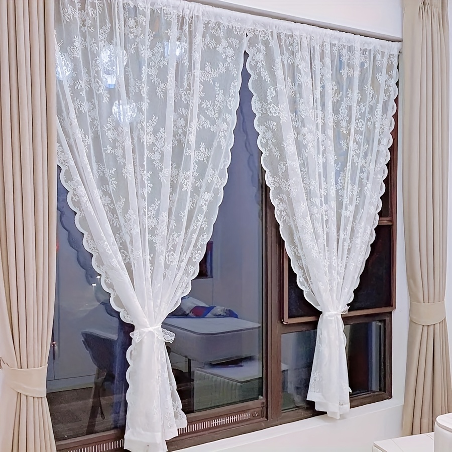 TEMU 2 cortinas blancas de encaje con bolsillo para y patrones florales, estilo bohemio, cortinas semitransparentes con para todas , decoración del