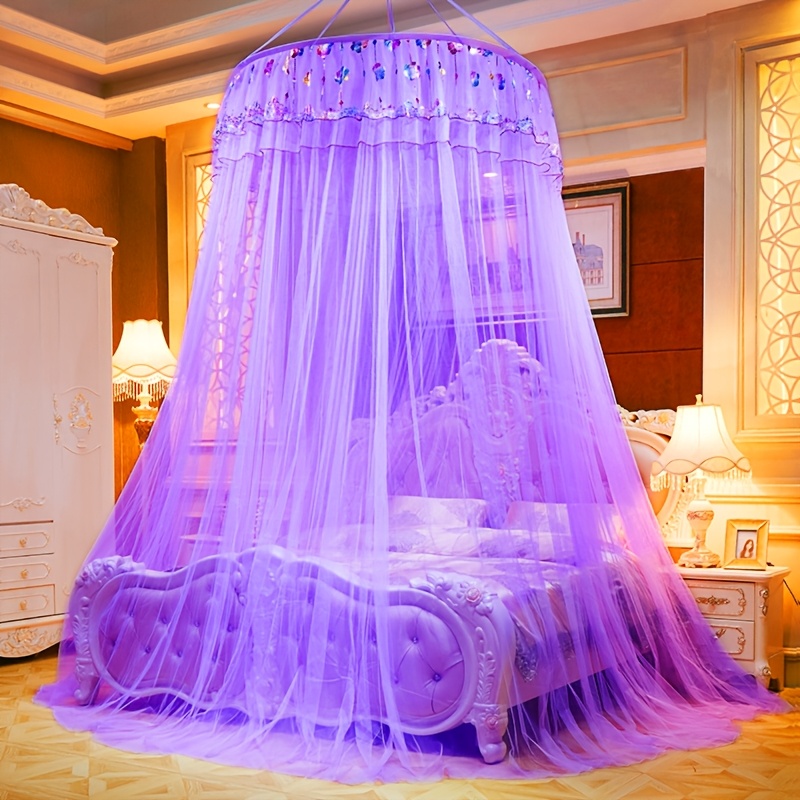 1pc elegant solid color dome hammock style mosquito net with sequins and floral lace trim machine washable fits 1 1 8m beds romantic bedroom decor and festive gift idea bed canopy decorative bedding sheer lace detail details 0