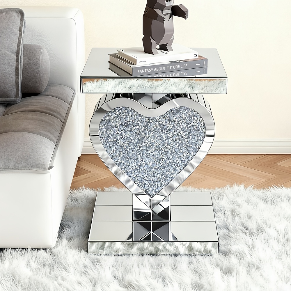 Crushed Diamond Silvery Mirror Base Heart Shaped Side Table, Mirror Finish Decorative Table for Bedroom, Entryway, Living Room.Small Mirrored Coffee Table