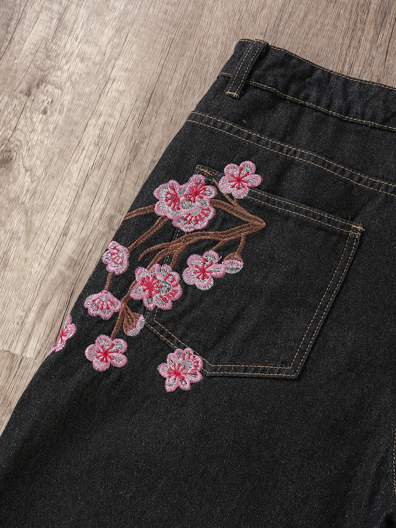 Men's Embroidered Black Jeans with Sakura Design