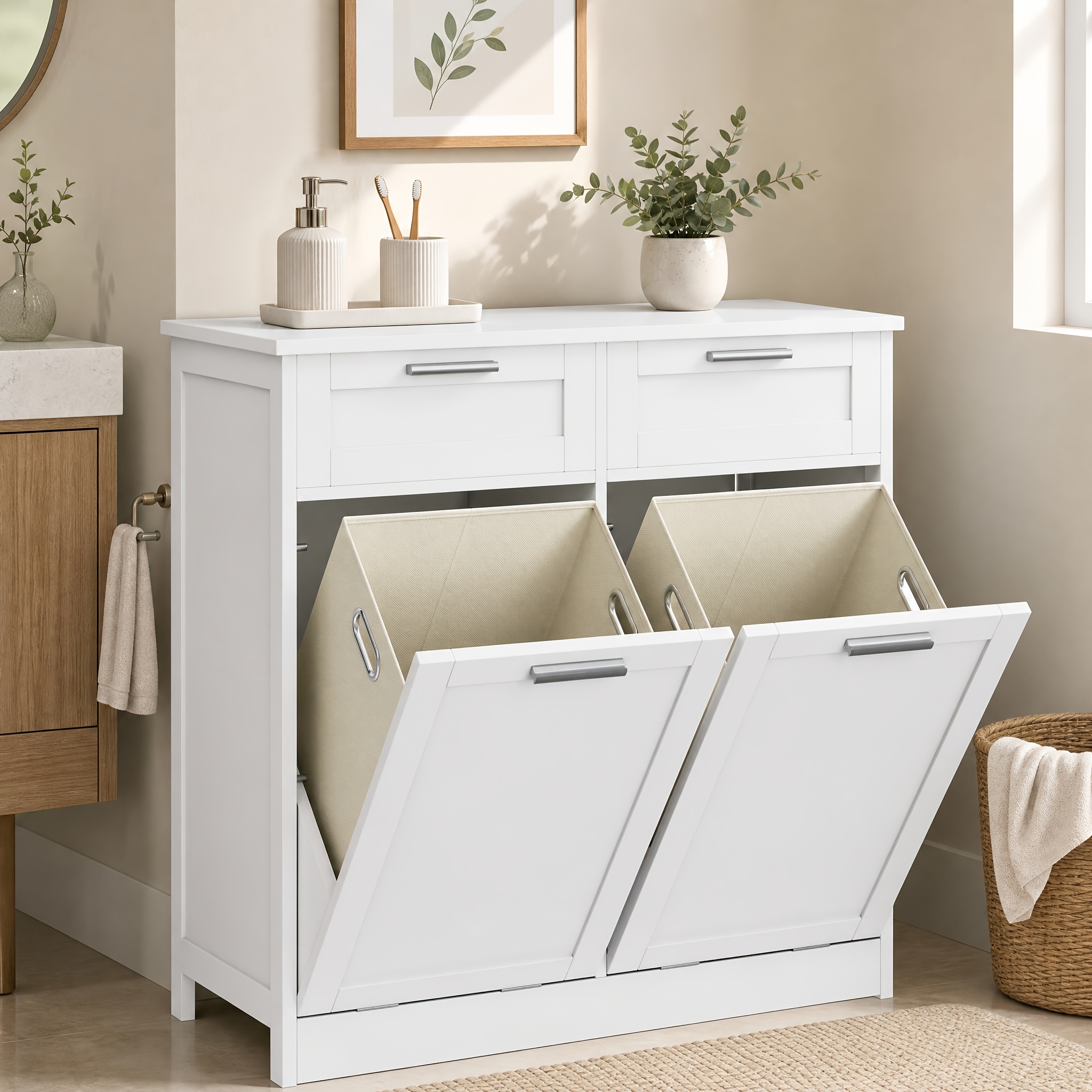 Image of Bathroom And Laundry Cabinet With 2 Drawers And 2 Integrated Laundry Baskets, Laundry Room Storage Cabinet With Anti-tip Device, Shelves
