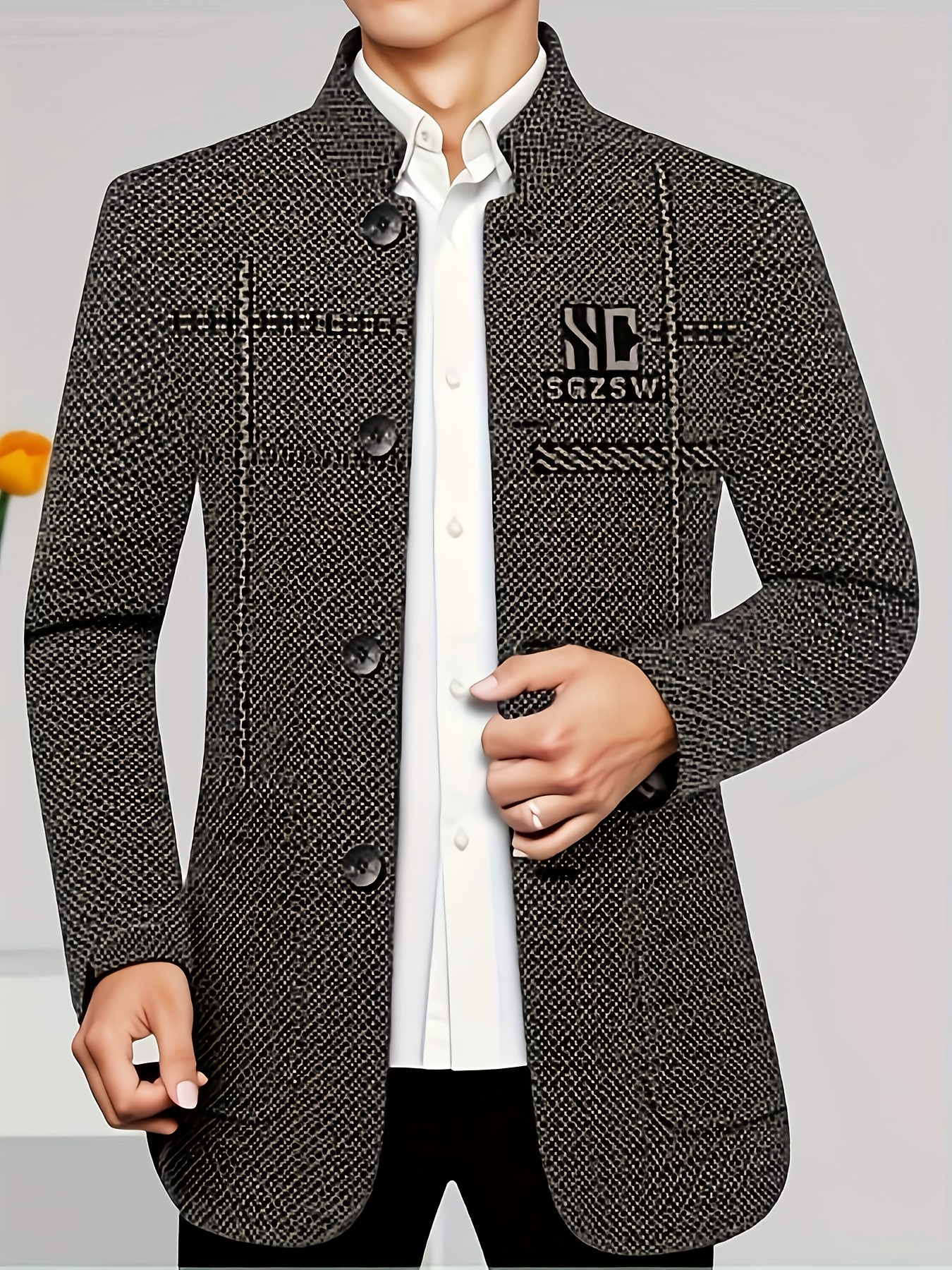 Men S Tweed   Jacket with SC Lettering - Stand Collar, Button-Up, Long Sleeve, Black & White Checkered Pattern,   Business Casual or Formal Occasions, Fall/ , Formal Outerwear | Checkered   | Polyester Jacket