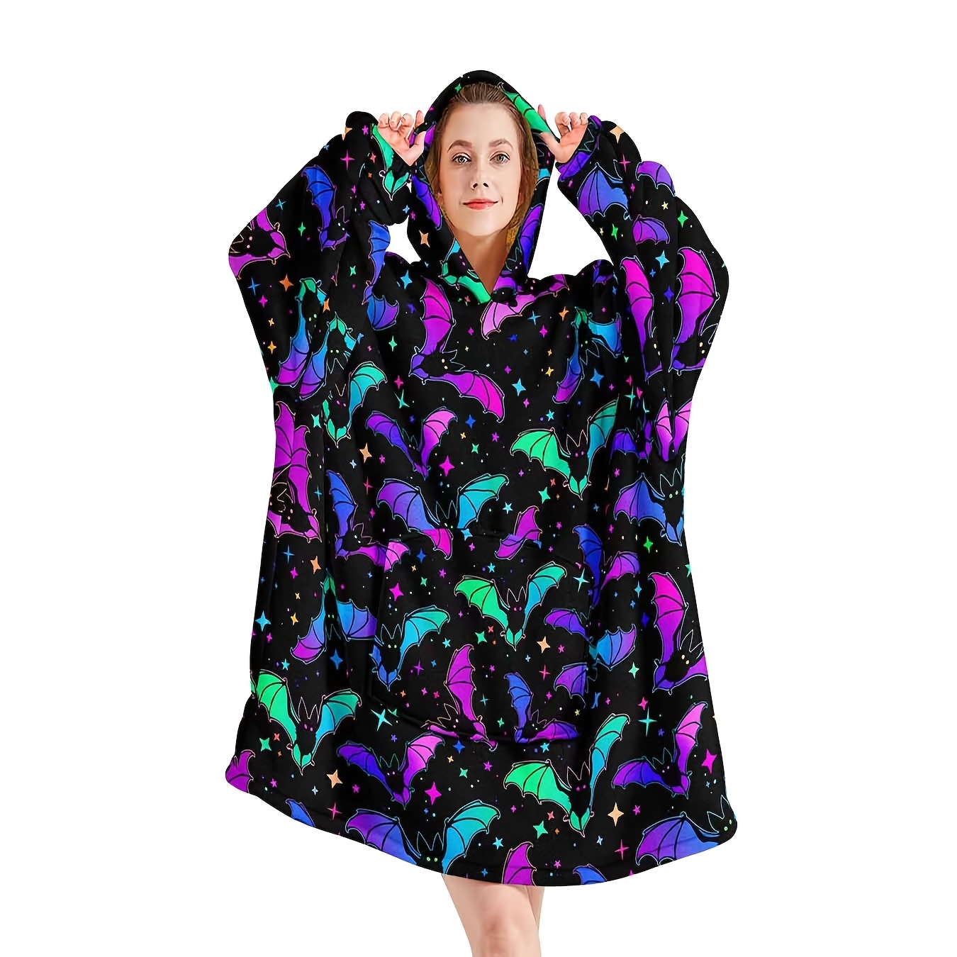 

Cozy Bat-themed Hooded Blanket With Large Pockets - Warm, Reversible Polyester Wearable Throw For Adults - Perfect Gift For Girlfriend, Mom, Or Lady