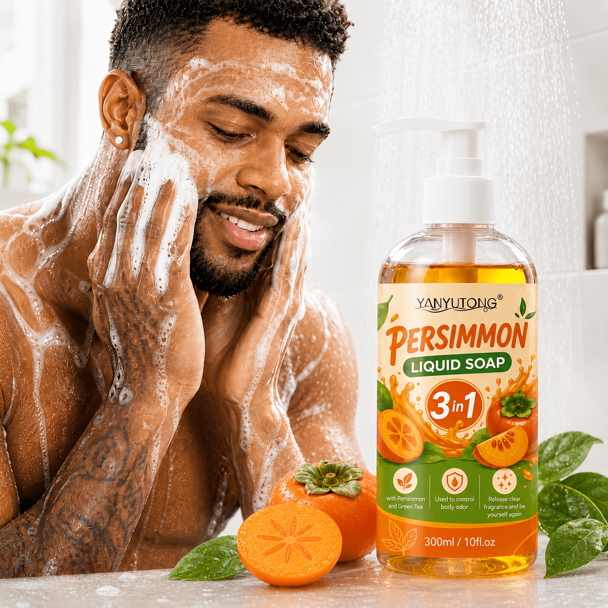 TEMU Persimmon Body Wash For Women And Men, 3-in-1 Deodorizing Liquid Soap With Persimmon And Green Tea Extracts, Deep Cleansing Shower Gel For Odor,