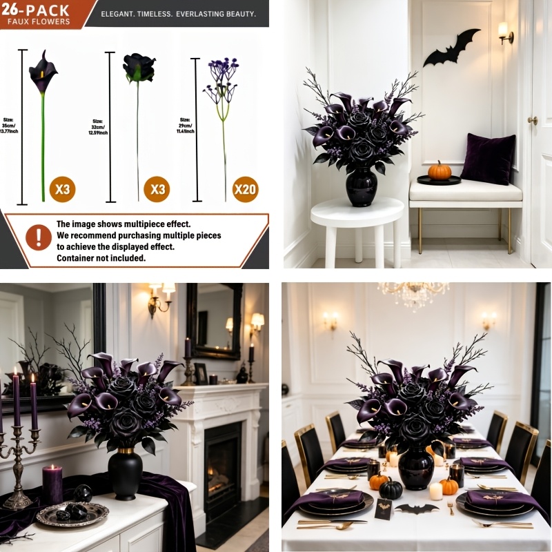 TEMU 26pcs Halloween Gothic Artificial Flower Set, Featuring Black Roses, Dark With Realistic 's Breath. Have Detailed, Lifelike Textures. Ideal For