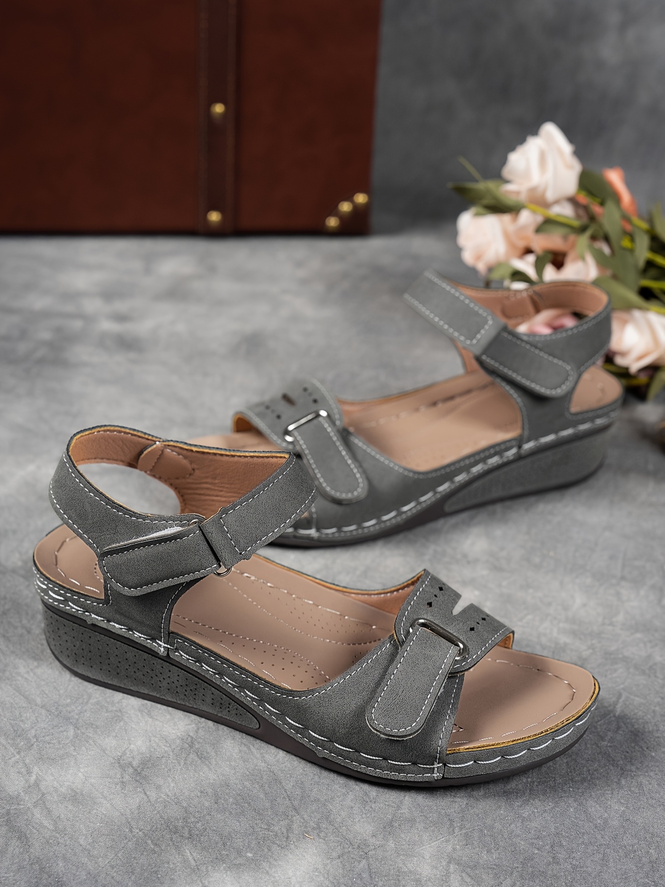   womens beige wedge sandals comfortable open toe platform shoes with adjustable ankle strap perforated design for   casual summer fashion strappy sandals Product details 26