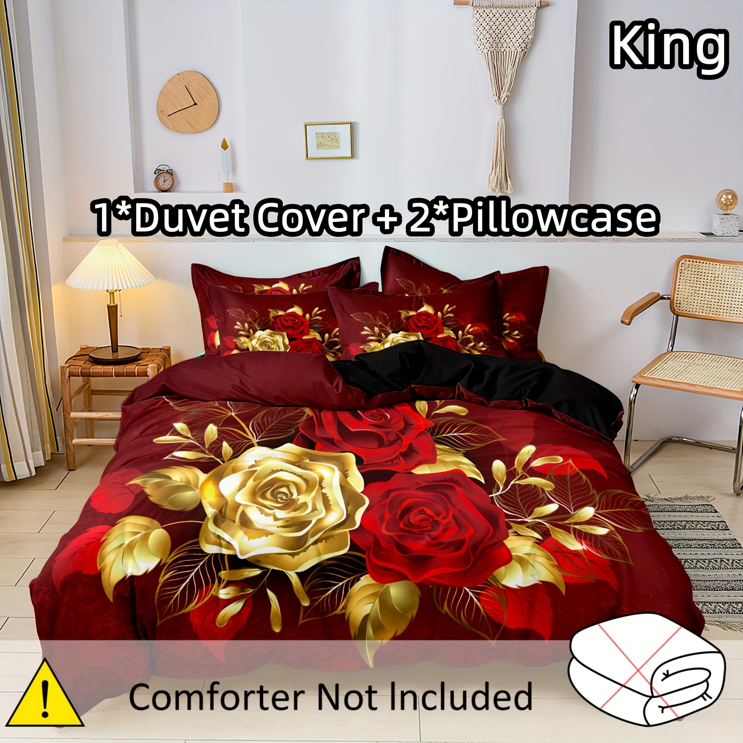 TEMU 3pcs Romantic Rose Duvet Cover Set - Soft Breathable Bedding, For Bedroom And Dorm Room Decor - Included (1 X Duvet Cover And 2 X Pillowcases,
