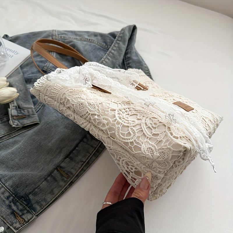 Lace Large Capacity Tote Bag, New Summer Trendy Style with Scarf Gift, Contrast Color Women's Fresh Artistic Handbag