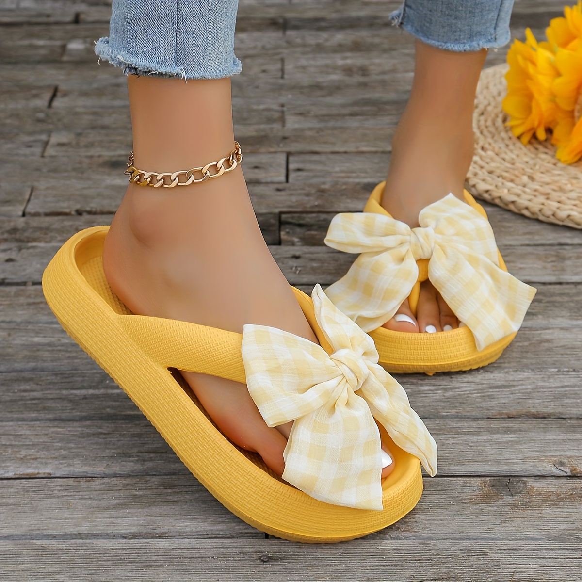 womens solid color flip flops platform soft sole slip on   bowknot slides non slip summer eva beach slides Product details 3