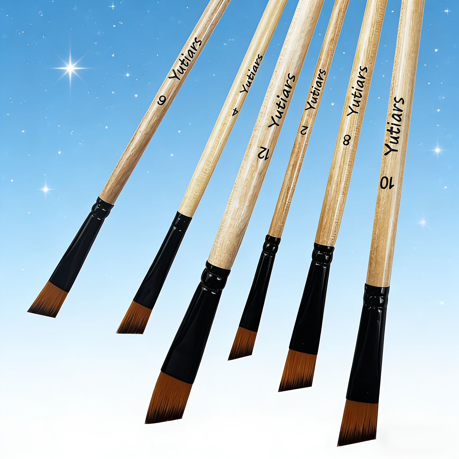 Image of Set Of 6 Angular Brushes, Featuring High-quality Nylon Bristles Suitable For Acrylic, Oil, And Watercolor - Ideal For Artists And Novices