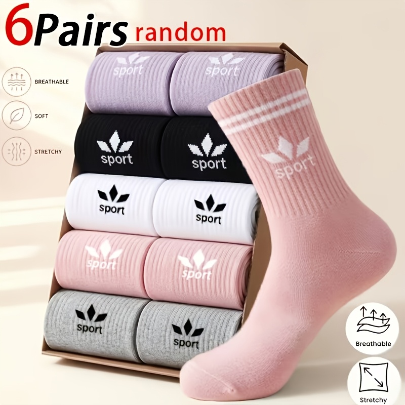 TEMU Random 6-pair Women' Diamond Pattern English Lettering Mid-calf Socks, Daily Indoor Outdoor Sports Socks, Comfortable Breathable Socks, Unisex