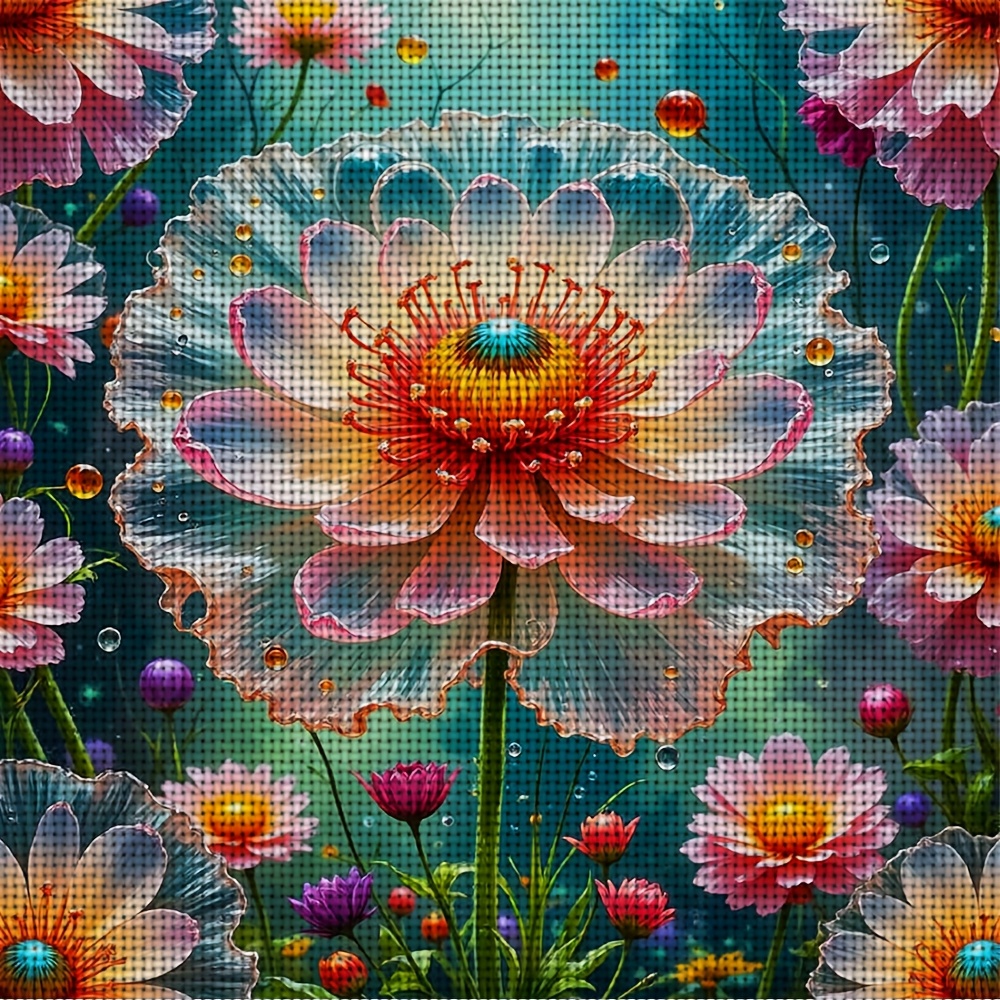 Complete Frameless Cross-Stitch Embroidery Kit, "Dreamy Transparent Flower Cluster" Design