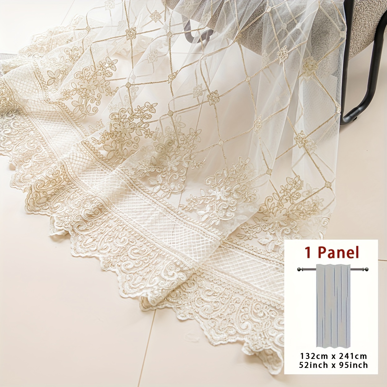 TEMU 1pc French Check Embroidery White Sheer Window Scarf, Top Rod Pocket Hook Hanging Installation, Modern Geometric Jacquard Weave, Romantic
