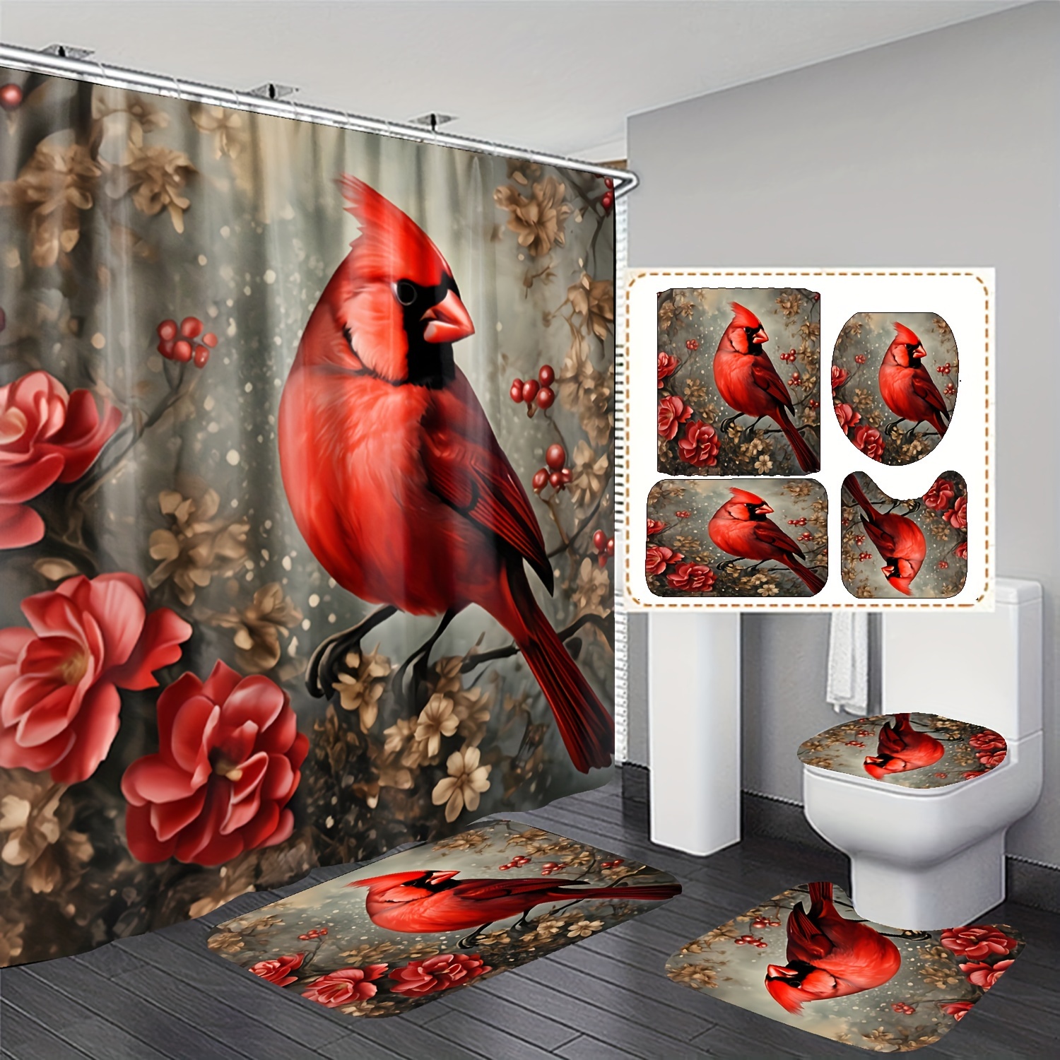 

Water-resistant Bathroom Set With Machine Washable Knit Polyester Fabric, Featuring Romantic Red & Floral Design, Includes Grommet Accessory, For Decor - 4 Piece Set