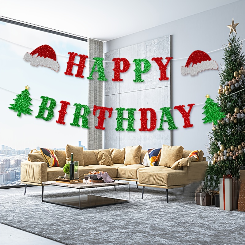 1pc Of Happy Birthday Christmas-themed Party Decoration With Glittery Christmas Tree Red And Banner
