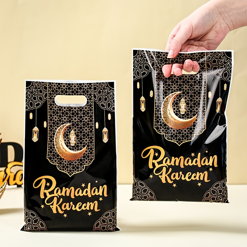 

10/25/50pcs Ramadan Sacs-cadeaux Totes Noirs et Dorés - Sacs en Plastique Eid Design et Étoile pour Islamiques, Emballage de Cadeaux Musulmans, Décorations de Ramadan