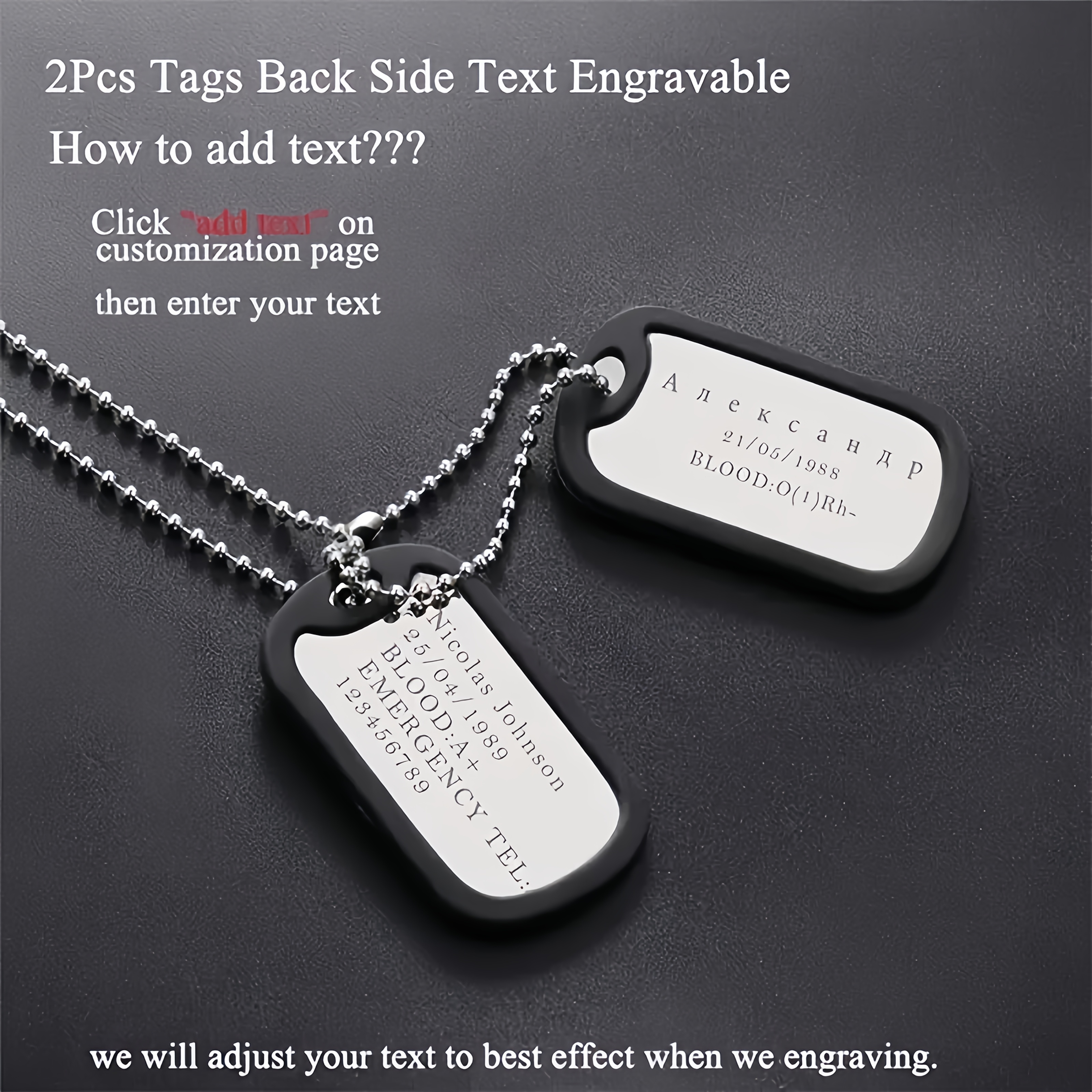 TEMU Customized Dual Pendant Military Style Men's Necklace - Laser Engraved Stainless Tag, Customizable Photos, Dual Chain Dual Tag Design, Durable