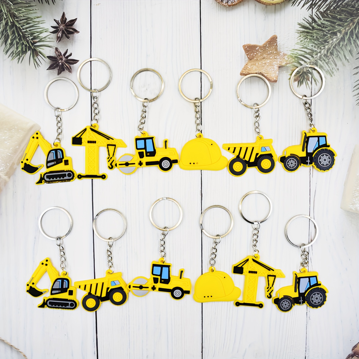 E-shop 2D Flat - 2D Flat - Geschenk für Sie/Ihn: Eine Dutzend Packungen Schlüsselanhänger mit Baufahrzeugen, als Gastgeschenke, Geburtstagsgeschenke