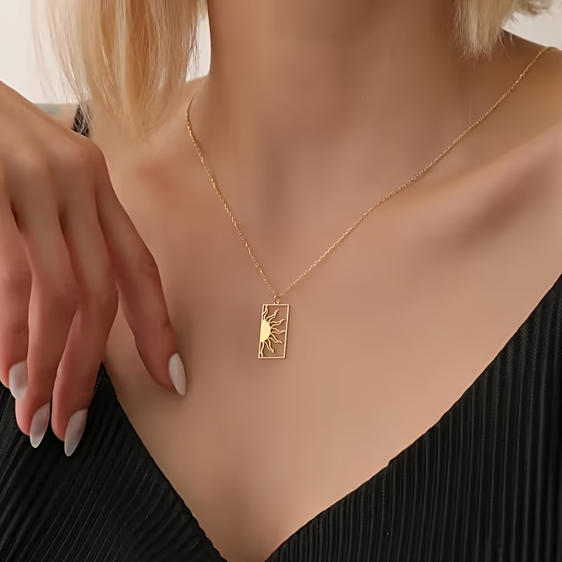 Women's 18K Golden Plated Rectangular Sun Pendant Necklace