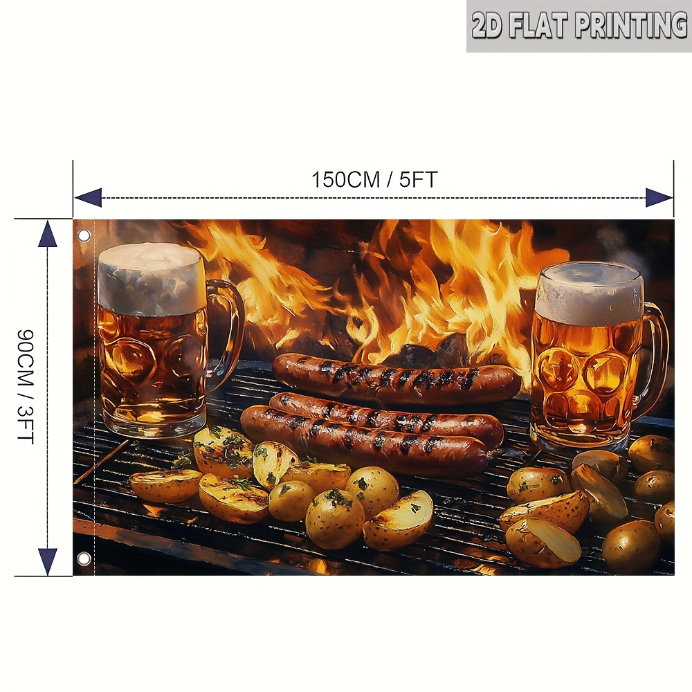 TEMU 1pc Oktoberfest Bbq Flag - Polyester, 150x90cm, 2d Flat Printing, Sausages, Beer Mugs & Campfire Design, Soft & Durable, Ideal For Outdoor
