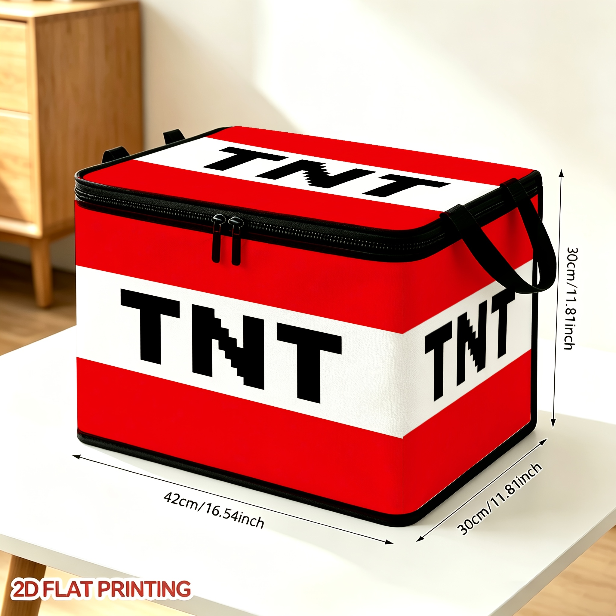 TEMU 1 pièce Grande boîte de rangement pliable à fermeture éclair avec motif TNT, convient pour le rangement de vêtements, pantalons et literie, pour