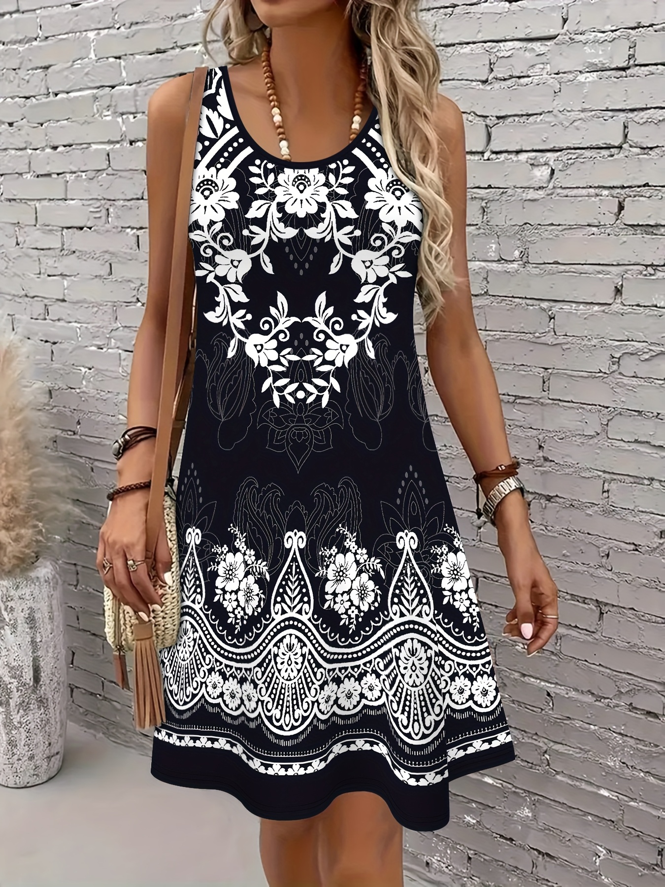 2* Ethnic Elegant Casual Black and White Contrast * Graphic Breathable  Round Neck Vest Dress, Summer New Women's Casual A-Line Skirt, Vacation  Casual Women's Top, Casual Sleeveless Midi Dress