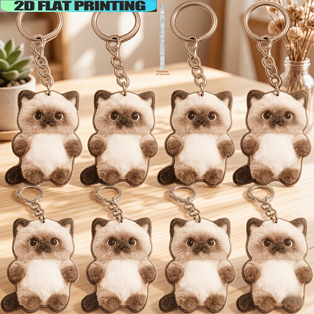 TEMU 2d Flat, 2d Flat Acrylic 8pcs Kitten Keychain Set, Cute Kitten Pendant, Siamese Cat Keychain, Unisex, Couple Keychain, Car Keychain, Durable And