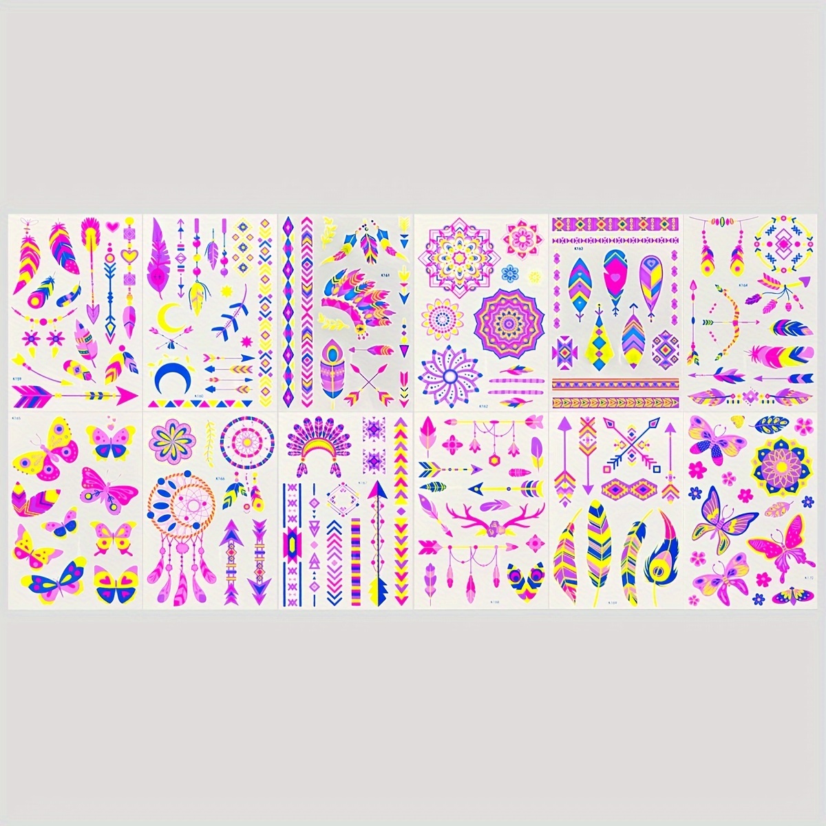 Image of 12 Sheets In The Light Temporary Tattoos Stickers, Waterproof Floral Totem Fake Tattoo For Women And Men, Neon Body Art Decorations