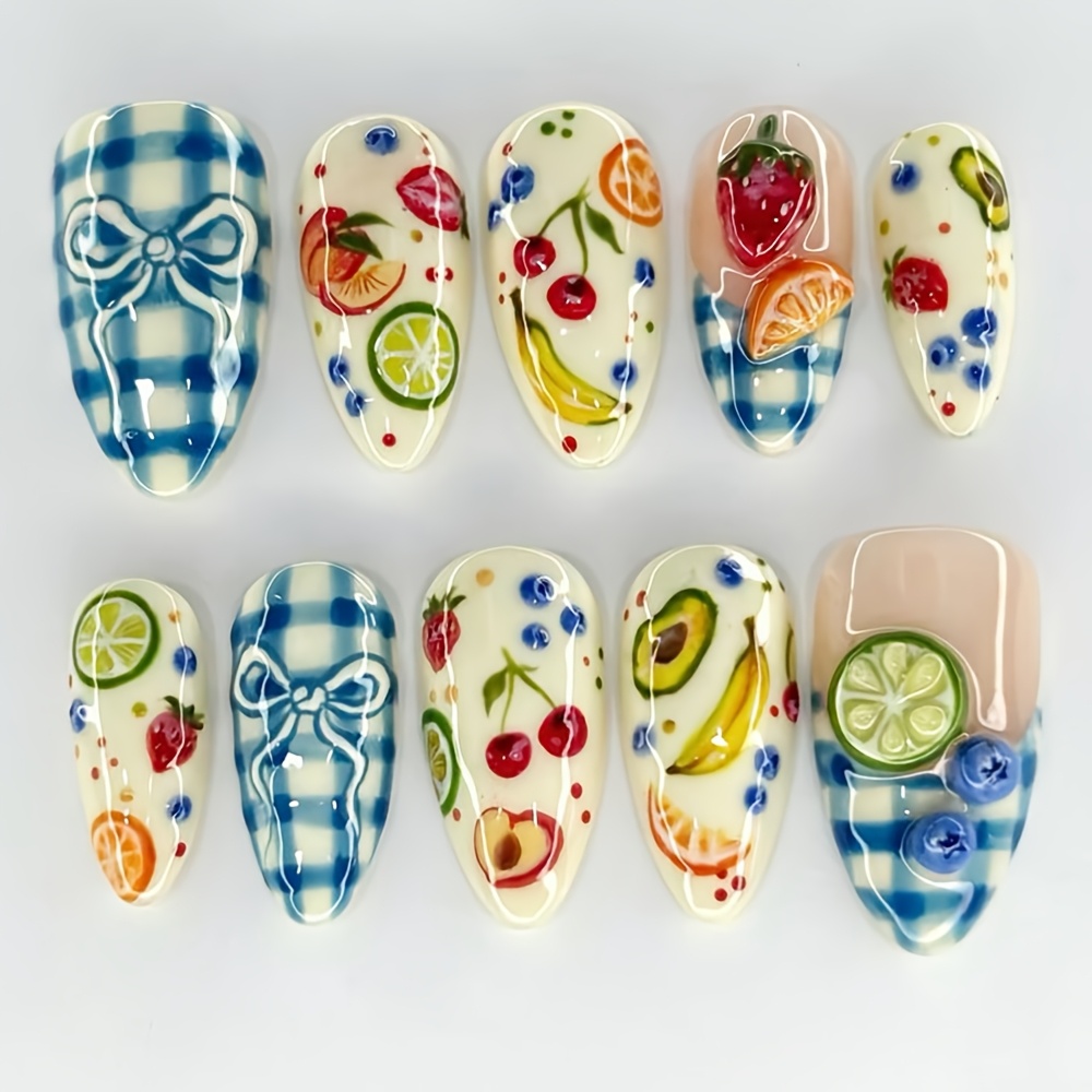 TEMU Upgrade Your Look: 24 Long Almond-shaped Nail Wraps For Wearing. Summer Fruit Party And Highlighting Your Appearance. Blue Patterned Bow Nail