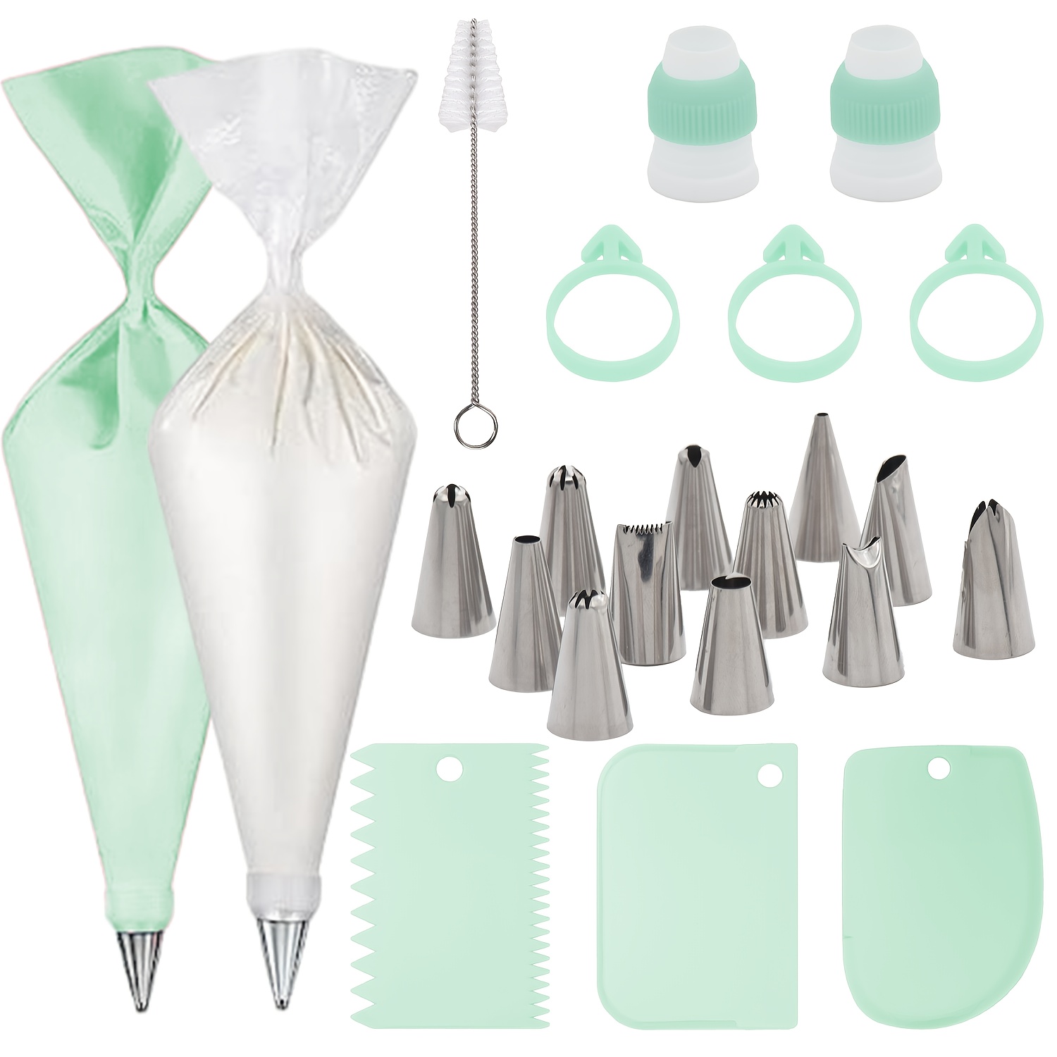 E-shop 42-teiliges Spritzsäckchen-Set aus Edelstahl, Kuchendekorationszubehör-Set enthält 12 Spritzsäckchen, 21 Spritzsäckchen, 3 Sahreiber, 3