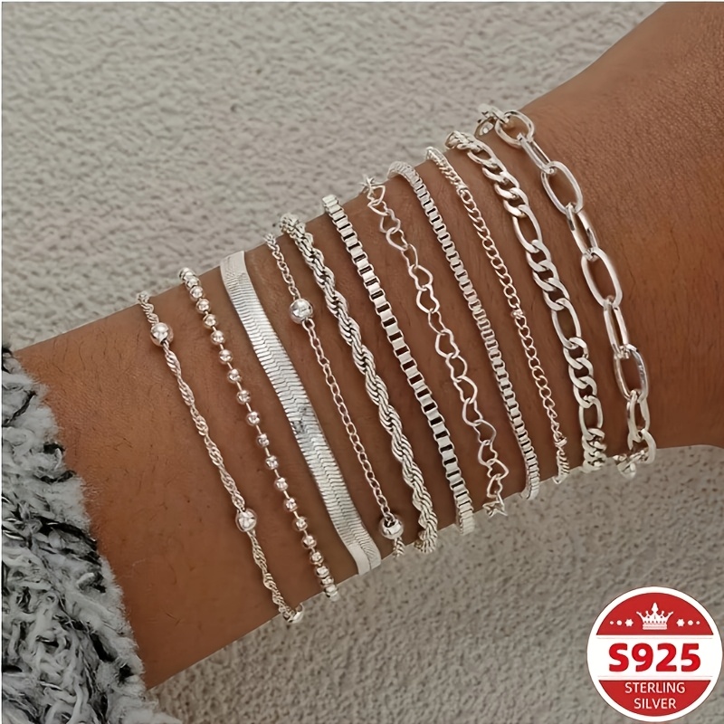 TEMU A Set Of 11pcs Ladies' 925 Sterling Silvery Bracelets, Featuring And Fashionable Style Of Silvery's . This Multi-functional Series Is Suitable